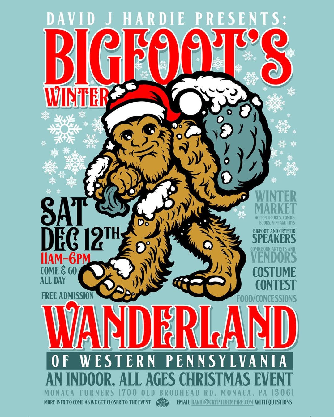 Bigfoot's Winter Wanderland of Western Pennsylvania event poster — Saturday, December 12, 2026 at Monaca Turners, Monaca, PA